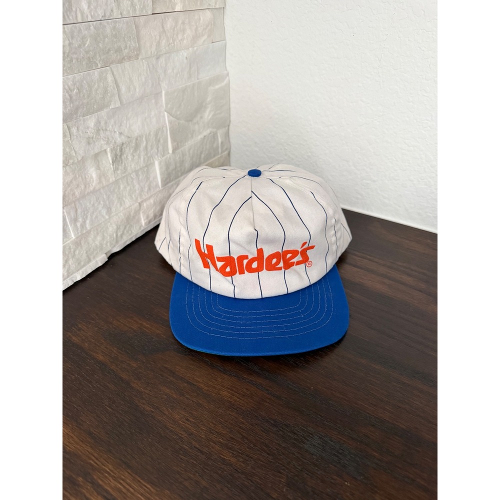 Vintage Hardees Pinstripe Snapback Hat Blue White Orange Logo Trucker Cap